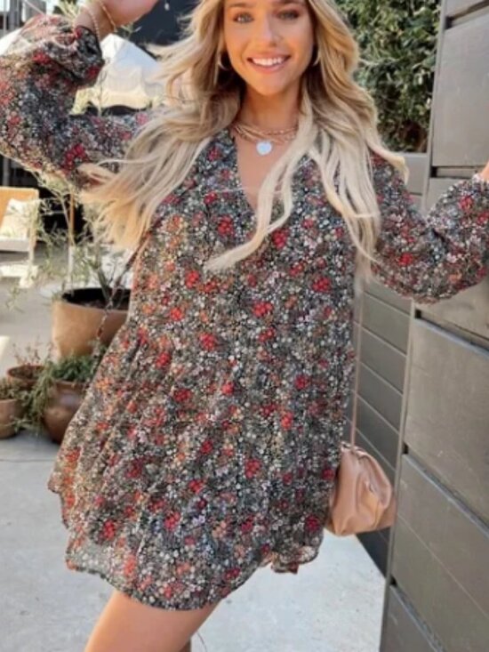 Show Me Your MuMu Dresses & Skirts - Show Me Your MuMu Black Floral Long-Sleeve Swing Dress